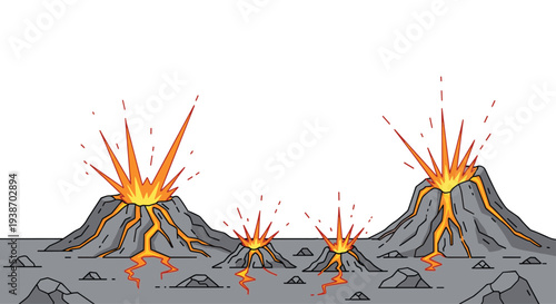 A dynamic illustration portrays a landscape featuring multiple volcanoes of varying sizes, all actively erupting with vibrant lava and explosive bursts against a clean white sky.