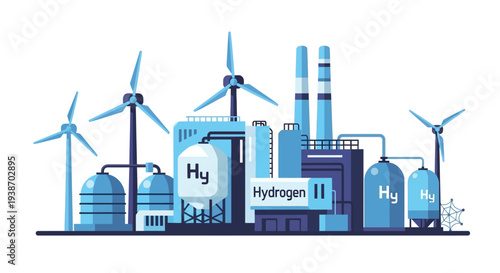 Illustration of a modern hydrogen production plant powered by wind turbines, showcasing renewable energy infrastructure.