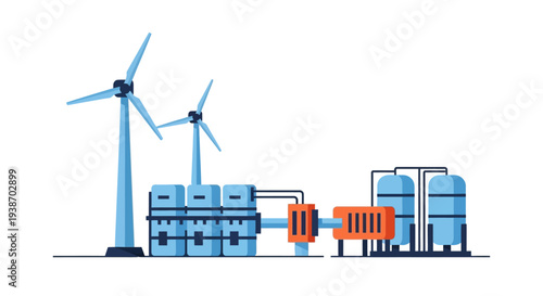 Illustration of a wind energy system with turbines, battery storage, and hydrogen tanks for renewable power generation and storage.