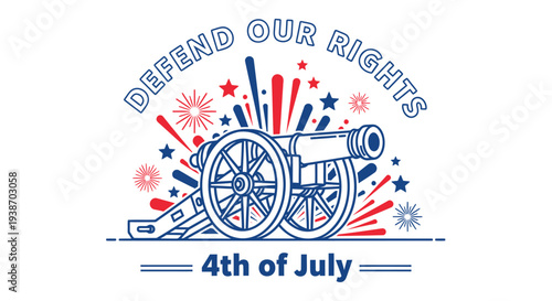 4th of July patriotic vector illustration with cannon and fireworks