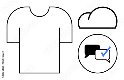 Simplistic T-shirt outline, cloud shape, and speech bubbles with a checkmark for collaboration, messaging, cloud storage, decision-making, e-commerce, fashion sustainability. A clean flat metaphor
