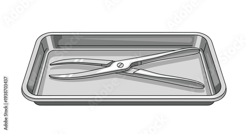 A single pair of gleaming silver surgical forceps with curved tips lies precisely centered within a rectangular, polished metal medical tray.