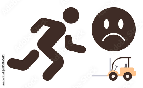 Workplace safety, accident prevention, occupational hazards, employee risk, warning signs, industrial work. A running figure, sad face and forklift. Workplace safety and accident prevention concept