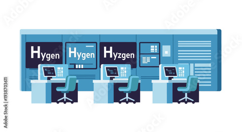 A row of three computer workstations in a modern control room with large screens displaying the 'Hygen' logo.