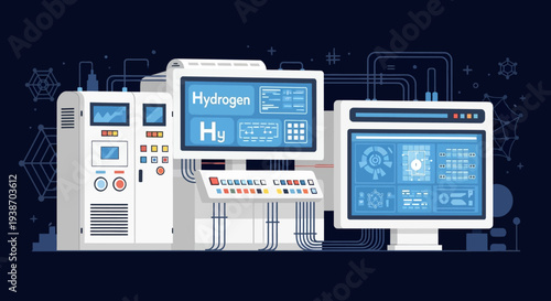 Advanced laboratory equipment for hydrogen production and monitoring, featuring multiple digital displays and control panels.