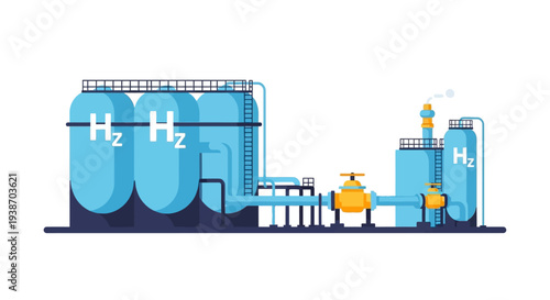 Illustration of a hydrogen production and storage facility with large tanks and industrial piping.
