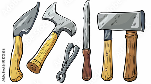 A collection of various hand tools with metallic heads and wooden handles, isolated on white