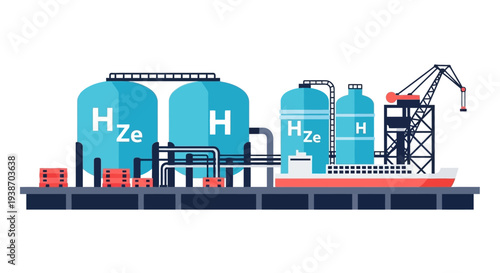 Industrial port facility for storing and transporting hydrogen, featuring large tanks, pipelines, a ship, and a crane.