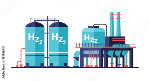 Illustration of a modern industrial facility for hydrogen production and storage, featuring large tanks labeled 'H2' and complex piping systems.