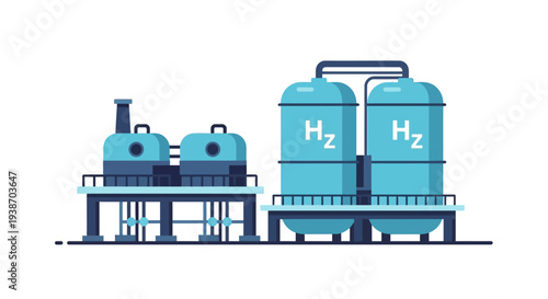 Illustration of a modern industrial facility for hydrogen production and storage, featuring large blue tanks labeled 'H2' and processing units.