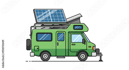A vibrant green recreational vehicle with a large blue solar panel on its pop-top roof is parked, featuring a rear spare tire.