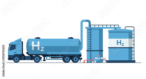 Illustration of a hydrogen tanker truck delivering fuel to a storage facility with large tanks labeled "H2".