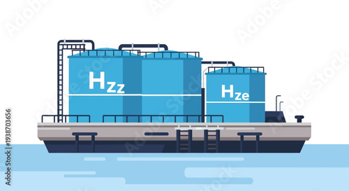Illustration of a barge carrying two large blue storage tanks labeled Hzz and Hze, floating on water.