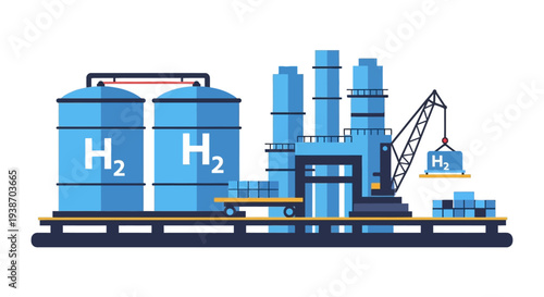 Illustration of a hydrogen production and storage facility with large H2 tanks, industrial buildings, and a crane loading containers.