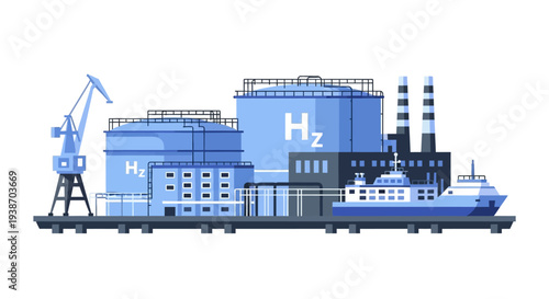 Industrial facility for hydrogen production and storage with a ship docked for transport, featuring large tanks and a crane.
