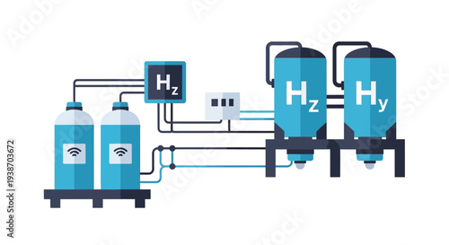 Illustration of a hydrogen production and storage system with tanks and pipes.