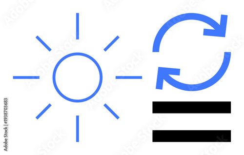 Sun with rays, circular arrows indicating renewal, equality lines. Ideal for sustainability, energy, innovation, balance, renewal environment equality. Simplistic flat metaphor