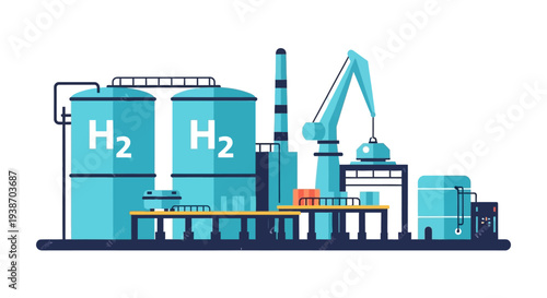 Illustration of a modern hydrogen production plant with large storage tanks and industrial machinery.