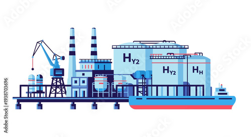 Industrial facility for hydrogen production and storage with a ship docked for transport, showcasing advanced energy infrastructure.
