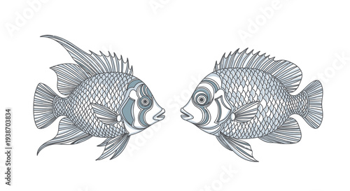 Two gray fish facing each other on white background