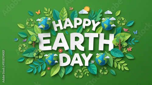 Happy Earth Day 3D Paper Cut Text with Leaves on Green