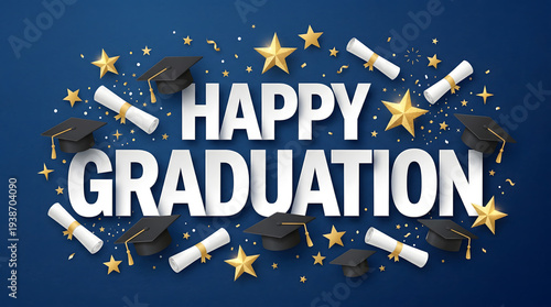 Happy Graduation 3D Paper Cut Text with Diplomas on Navy Blue