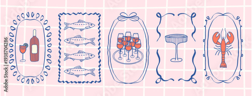 Whimsical blue hand-drawn frames with bow with sardine, glass, lobster, cocktail, wine bottle in vintage coquette style on pink checkered bg. design. Set for menu, greeting cards, party decor.