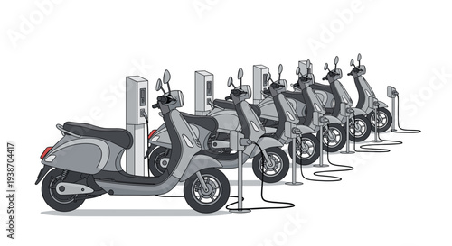 A neat row of six identical grey electric scooters with black seats and wheels are parked and charging at individual stations on a plain white background.