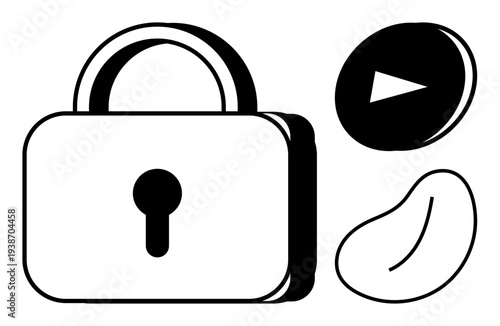 Privacy, cybersecurity, digital media, content access, data protection, secure storage. Padlock, play button and abstract shape displayed in black and white. Privacy and cybersecurity concept