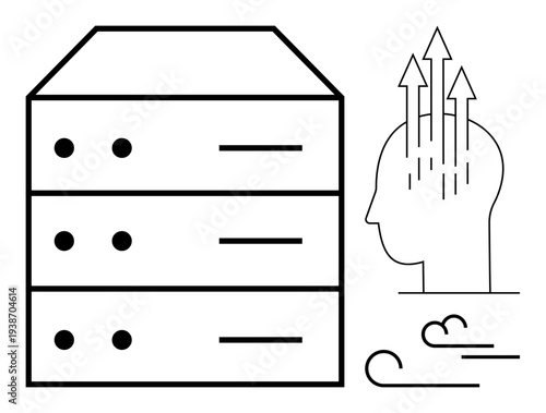 Data storage concept. Data storage with server stacks and human head artificial intelligence. Data storage supporting AI-driven innovation and digital transformation. For technology, cloud computing
