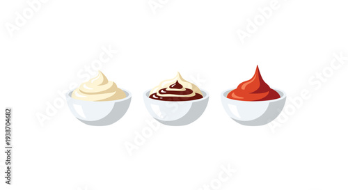 Three small white ceramic bowls holding dollops of creamy yellow mayonnaise, rich brown chocolate sauce, and vibrant red ketchup are presented horizontally.