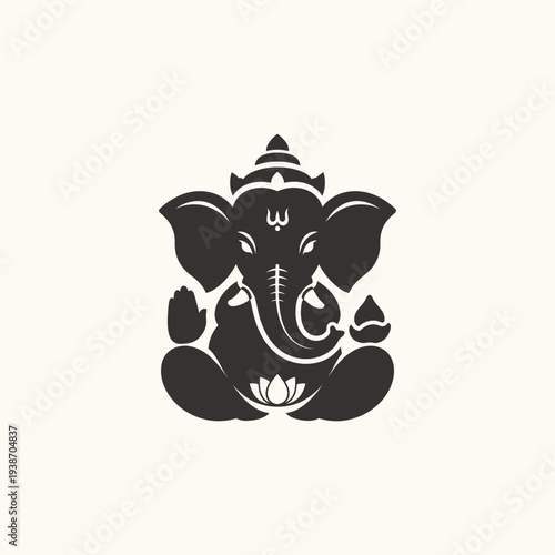 Ganesha silhouette in traditional seated pose, Hindu god icon, minimalist black vector art with lotus flower.