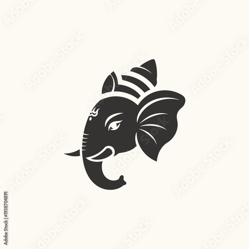 Lord Ganesha head silhouette vector illustration, Hindu elephant god symbol, spiritual icon.