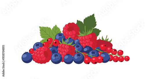 A vibrant bountiful pile of fresh mixed berries, including plump red raspberries, round blue blueberries, and clusters of bright red currants with small green leaves, is arranged centrally.