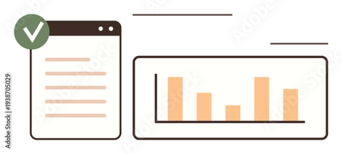 Business analysis, data reporting, performance metrics, audit reviews, document approval, workflow optimization. Bar chart and document with a checkmark icon. Data reporting and audit reviews concept