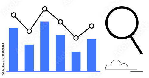 Bar chart and line graph in blue with a magnifying glass and cloud, representing data analysis, research, business growth. Ideal for statistics, analytics, insights, science, reports digital tools