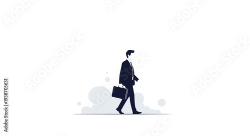A dark silhouette of a professional man in a suit walks purposefully to the right across a clean white background, carrying a distinct briefcase.