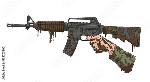 A mud-covered hand with camouflage paint firmly grips a heavily soiled M4-style assault rifle against a clean white background.