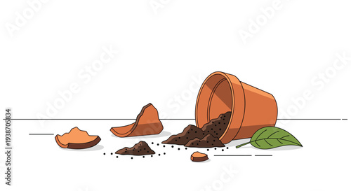 A broken terracotta plant pot lies overturned with spilled dark soil and scattered fragments, accompanied by a single green leaf on a white surface.