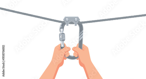 Two hands hold a large, grey metal carabiner securely attached to a taut, horizontal wire rope against a pure white background.