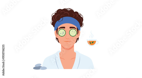 An illustrated man with curly brown hair and a blue headband smiles with cucumber slices on his eyes, wearing a light blue robe.