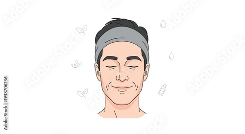 An illustrated man's head with closed eyes and a subtle smile wears a grey headband, surrounded by faint line art.
