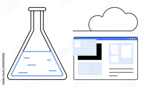Science, innovation, research, online data, cloud computing, digital tools. Illustration of a lab flask, browser interface and cloud. Science and innovation concept merged with online data