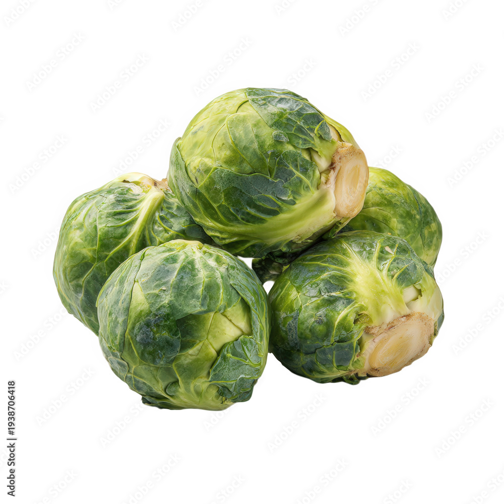 Fototapeta premium Fresh green Brussels sprouts stacked isolated on transparent background
