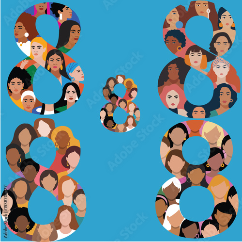  Colorful March 8th Women's Day design with diverse female faces for inclusive awareness campaigns and empowerment promotional materials
