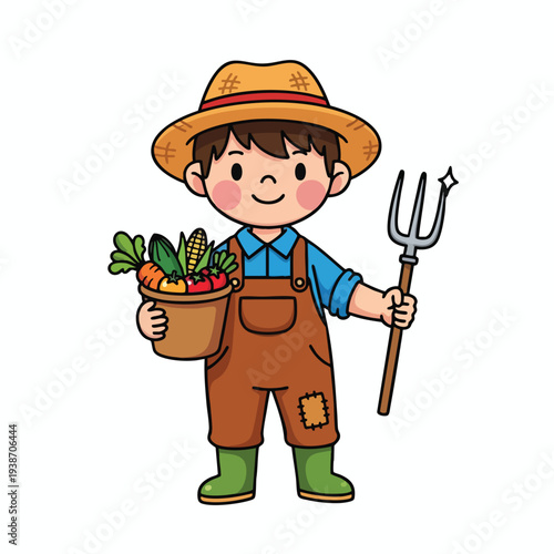 Cute Farmer Character Holding a Basket of Vegetables and a Pitchfork