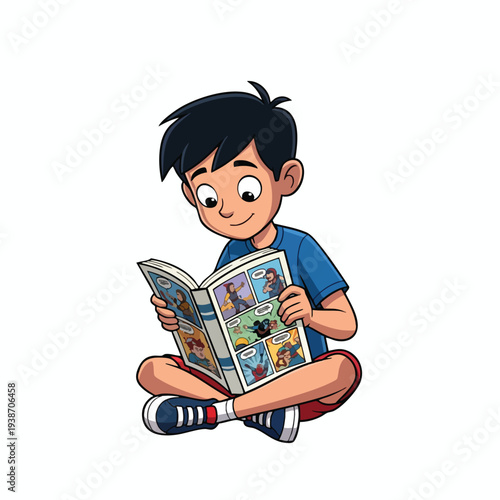 Young boy reading comic book sitting on the floor and enjoying a colorful story