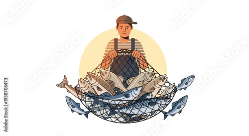 An illustrated fisherman, wearing a striped shirt and cap, stands holding a large, overflowing fishing net filled with numerous fish.