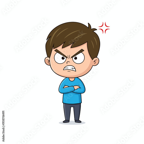 Angry Young Boy Expressing Frustration with Crossed Arms and Frowning Face