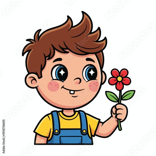 Cute Cartoon Boy Holding a Bright Flower Happy Kid Illustration